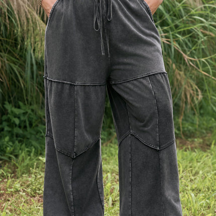 Black Plus Size Mineral Wash Exposed Seam Patchwork Drawstring Loose Pants