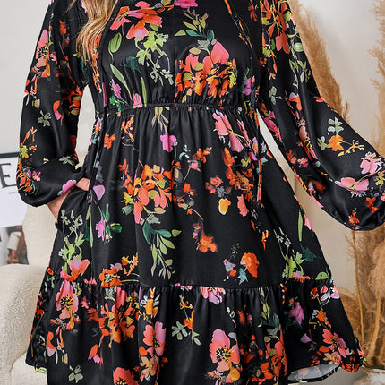 Black Plus Size Floral Print Tie Neck Cinched Waist Long Sleeve Mini Dress