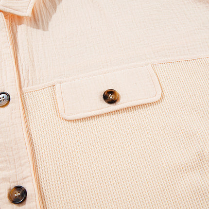 Beige Waffle Splicing Short Batwing Sleeve Flap Detail Shirt