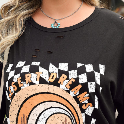 Black Checkerd DESERT DREAMS Printed Ripped Plus Size Tee