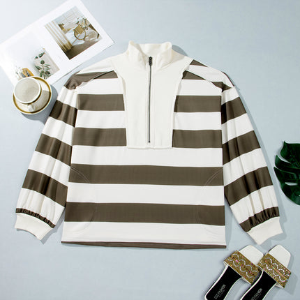 Green Stripe Plus Size Half Zipped Casual Sweatshirt