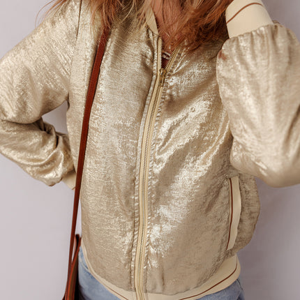 Pale Khaki Metallic Zip up Baseball Jacket