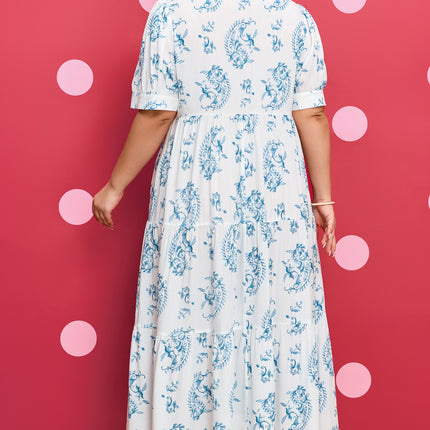 Sky Blue Plus Size Geometric Floral Print Button Split Neck Short Sleeve Maxi Dress