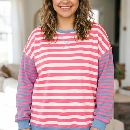 Pink Stripe Colorblock Striped Crewneck Long Sleeve Shift Tunic Plus Size Sweatshirt