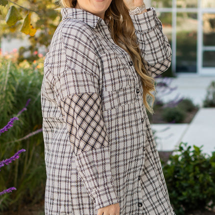 White Stripe Plus Size Plaid Buttoned Raw Hem Tunic Shirt Dress
