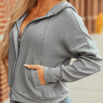 Gray Waffle Splicing Zip Up Front Button Hooded Jacket