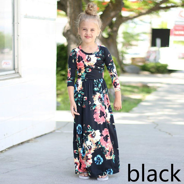 Amazon children's dresses Europe and the United States round neck print girls long skirt  girls explosion models