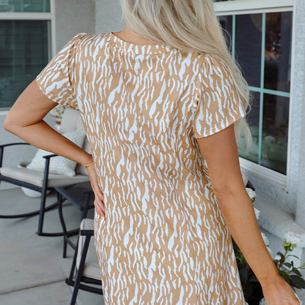 Khaki Abstract Print V Neck Short Sleeve Shift T Shirt Dress