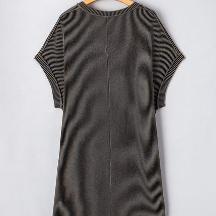 Carbon Grey Corded V Neck Plus Size T Shirt Dress with Pockets