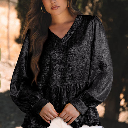 Black Metallic Frilled V Neck Puff Sleeve Babydoll Blouse