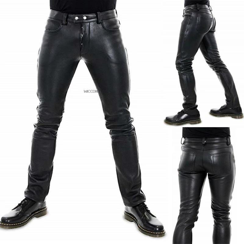Solid Color PU Elastic Leisure Men Leather Pants