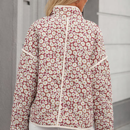 Pink Floral Print Contrast Edge Pocketed Stand Neck Jacket