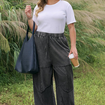 Black Plus Size Mineral Wash Exposed Seam Patchwork Drawstring Loose Pants