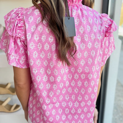 Pink Vintage Floral Ruffled Split Neck Short Sleeve Blouse
