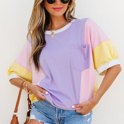 Purple Color Block Patchwork Half Sleeve Oversized T Shirt