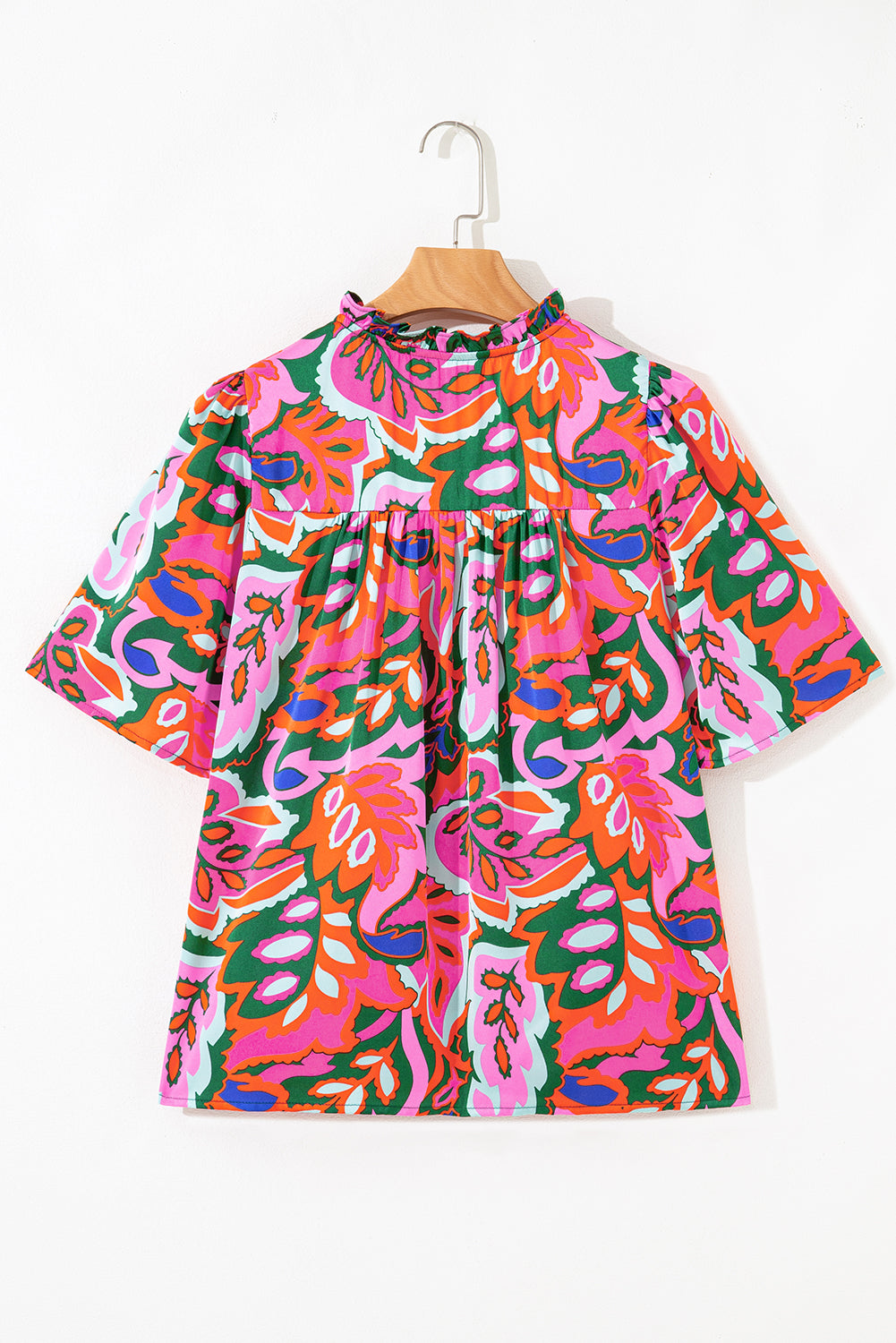 Rose Summer Plant Print Lace up V Neck Short Sleeve Blouse