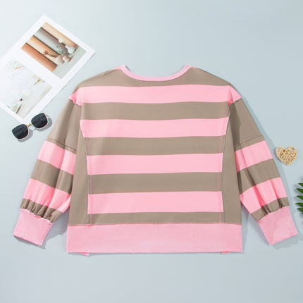 Pink Stripe Raw Seam Patchwork Drop Shoulder Plus Size Sweatshirt