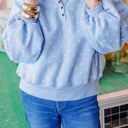 Sky Blue Polka Dot V Neck Metal Button Long Sleeve Shift Plus Size Sweatshirt