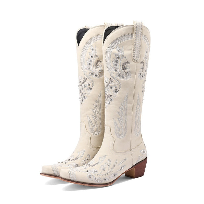 Embroidered Rhinestone Thick High Heel Side Zipper High-top Boots