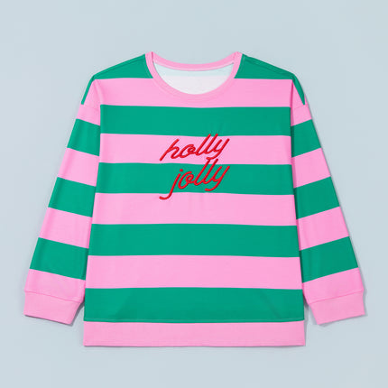 Green Stripe Festive Holly Jolly Printed Casual Plus Size Sweatshirt
