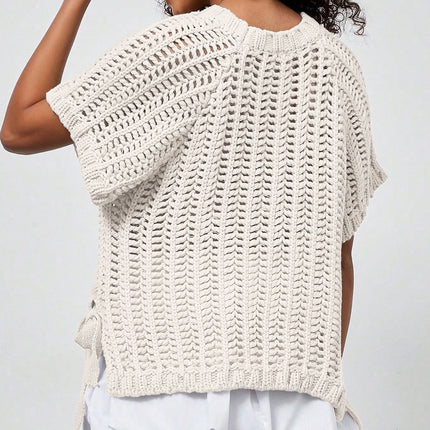 Apricot Plus Size Open Knit Bow Tie Short Sleeve Sweater