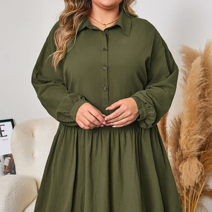 Four Leaf Clover Plus Size Collar Half Button Long Sleeve Ruffle Hem Mini Dress
