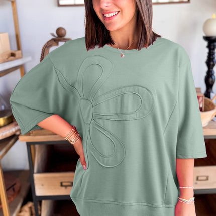 Clearly Aqua Floral Patched Half Sleeve Tunic Top
