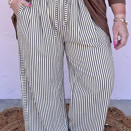 Black Stripe Plus Size Tie Waist Loose Pants