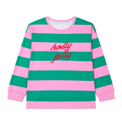 Green Stripe Festive Holly Jolly Printed Casual Plus Size Sweatshirt