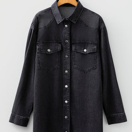 Medium Grey Beau Chest Pocket Raw Hem Denim Loose Shirt Dress