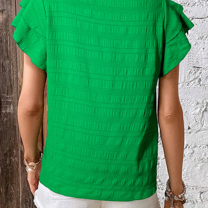 Dark Green Textured Ruffled Sleeve Round Neck Top