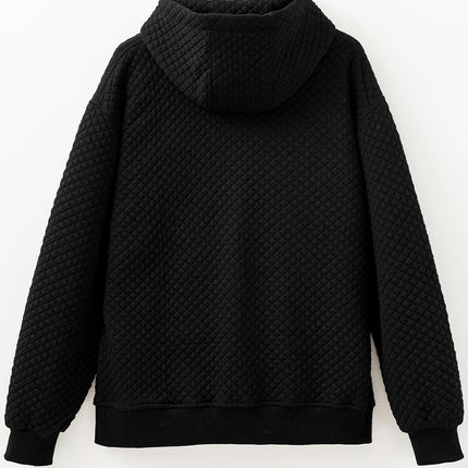 Black Quilted Side Pockets Zipper Hooded Jacket