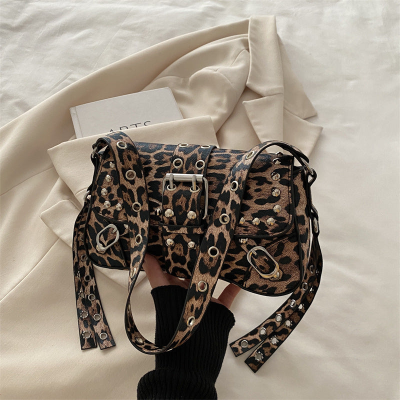 Leopard Print Personalized Design Motorcycle Shoulder Crossbody Underarm Baguette Women's Bag