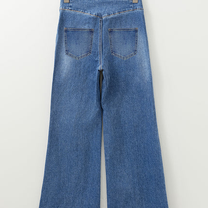 Sail Blue High Waist Button Fly Seamed Raw Hem Flare Jeans