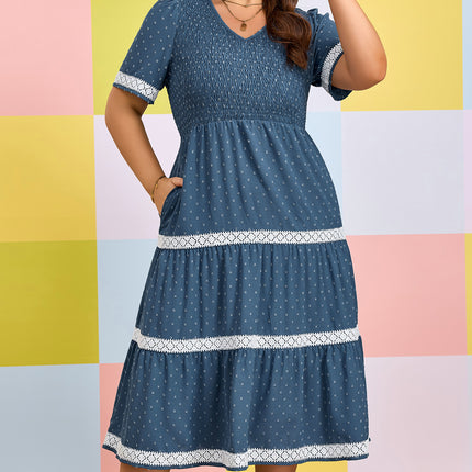 Dusk Blue Plus Size V Neck Swiss Dot Lace Patchwork Detail Flared Midi Dress
