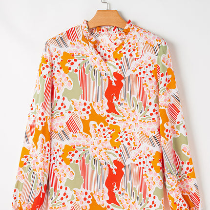 Orange Printed Split V Neck Puff Sleeve Blouse