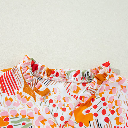 Orange Printed Split V Neck Puff Sleeve Blouse