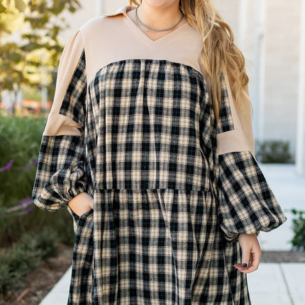 Black Plaid Waffle Knit Patchwork Collared V Neck Plus Size Mini Dress