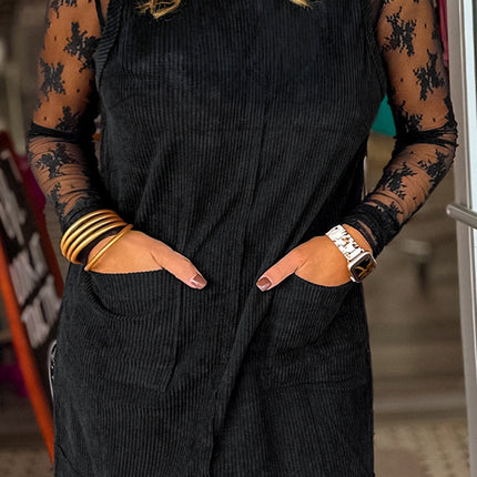 Black Plus Size Corduroy Patch Pocket Sleeveless Mini Dress