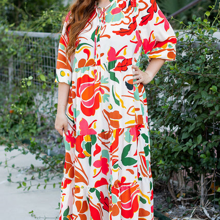 Orange Floral Print Drawstring V Neck Tiered Plus Size Dress