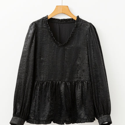 Black Metallic Frilled V Neck Puff Sleeve Babydoll Blouse