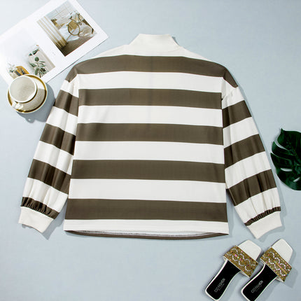 Green Stripe Plus Size Half Zipped Casual Sweatshirt