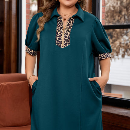 Sea Green Leopard Patchwork Detail Quarter Zip Collared Plus Size Mini Dress