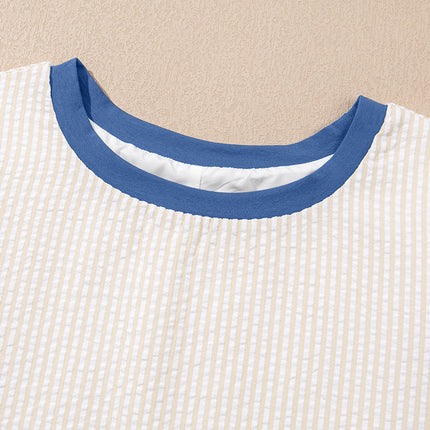 Beige Stripe Seersucker Contrast Round Neck Puff Sleeve T Shirt Dress