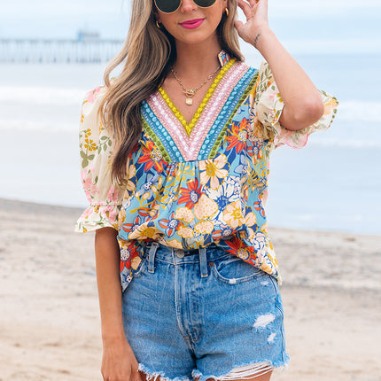 Multicolour Crochet V Neck Half Sleeve Boho Floral Blouse