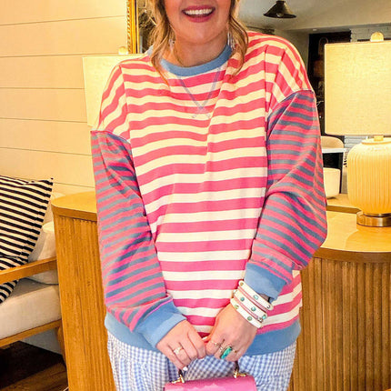 Pink Stripe Colorblock Striped Crewneck Long Sleeve Shift Tunic Plus Size Sweatshirt