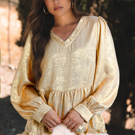 Gold Metallic Frilled V Neck Puff Sleeve Babydoll Blouse