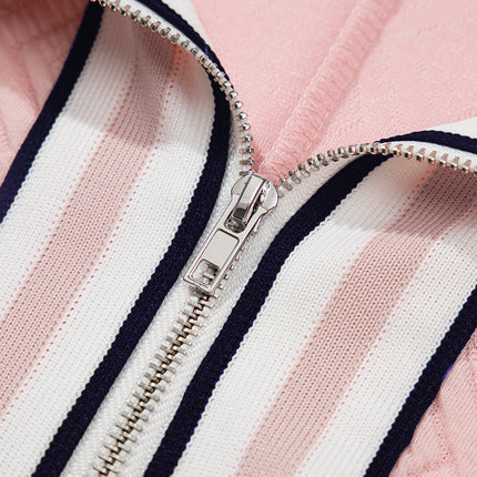 Light Pink Contrast Striped Collar Patchwork Textured Half Sleeve Blouse