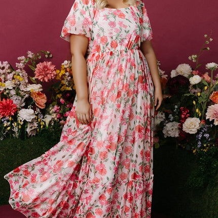 Pink Plus Size Floral Square Neck Puff Sleeve Ruffle Maxi Dress