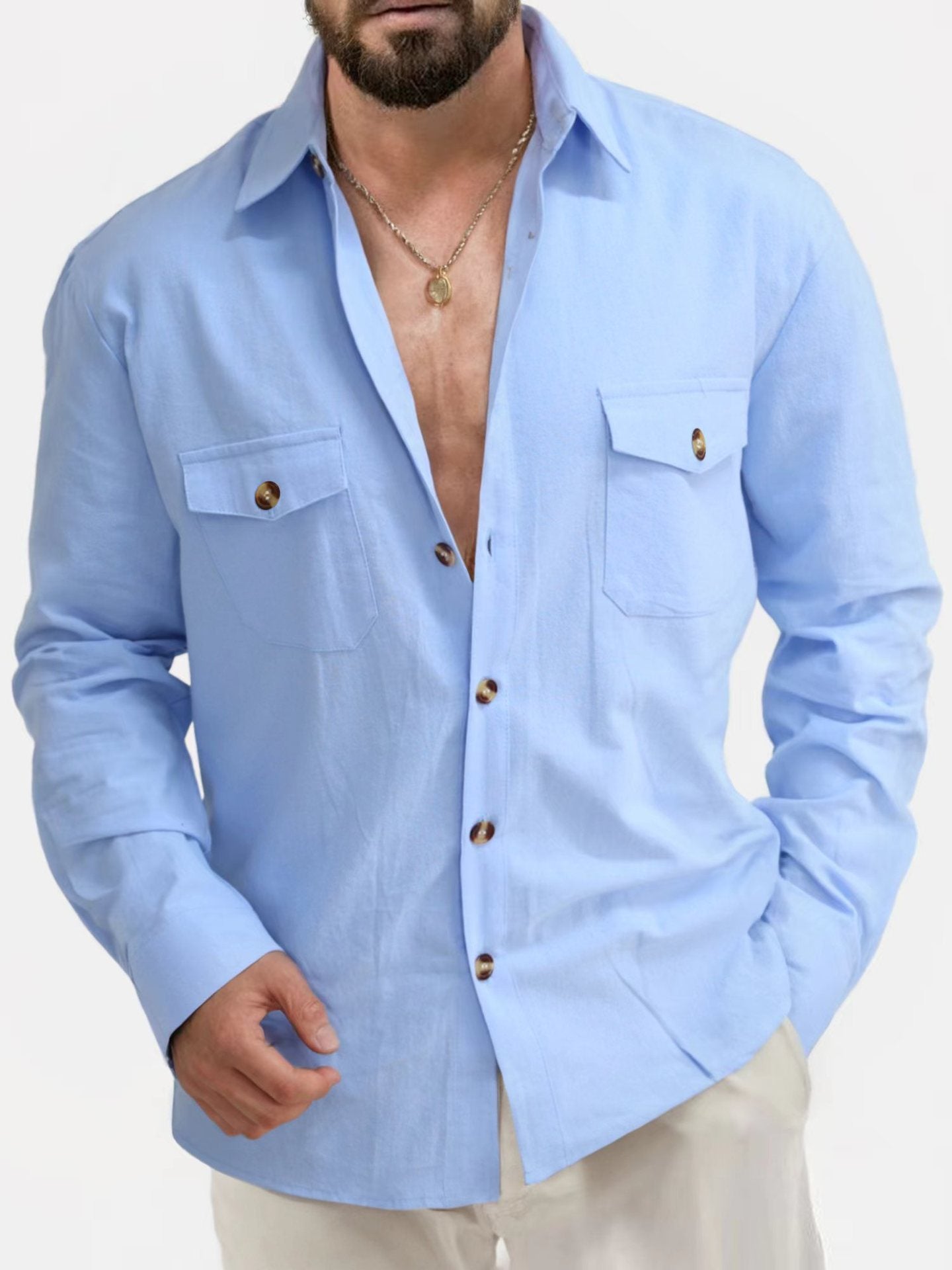 Casual Loose V-neck Solid Color Top Button Chest Pocket Shirt